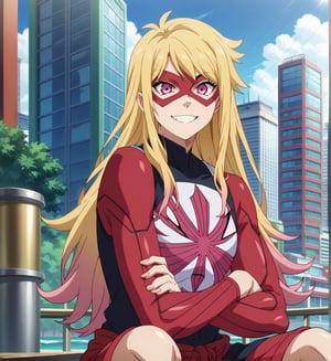 1girl,girl, yellowhair,long hair,long sideburns,shaded eyes,pink eyes,pink eyes,:3, city, tokyo, neon, in the city center, happier, happy, smile, you can see the beach in the background, beach. sea, nightsitting, sexy pose, ((((with a spiderman mask)))),  v arms,indoors,Anime_screencap,fake_screenshot,score_9,score_8_up,score_7_up, score_6_up, score_5_up,score_4_up,source_anime,fine anime screencap,style parody,official style,anime coloring, SuperQuality