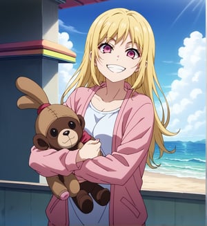 1girl,girl, yellowhair,long hair,long sideburns,shaded eyes,pink eyes,pink eyes,:3, city, tokyo, neon, in the city center, happier, happy, smile, you can see the beach in the background, beach. sea, nightsitting, sexy pose, ((((holding a stuffed monkey)))),  v arms,indoors,Anime_screencap,fake_screenshot,score_9,score_8_up,score_7_up, score_6_up, score_5_up,score_4_up,source_anime,fine anime screencap,style parody,official style,anime coloring, SuperQuality