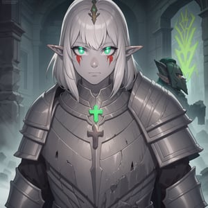 (masterpiece), best quality, ((cross pupils)), portrait, Shadar-Kai race, (elven humanoid:1.4), elf ears, D&D, knight, male , white hair, (ashen skin tone:1.3), glowing green eyes, (ruin imbued armor:1.3), hat intricate details, chiaroscuro lighting, face focus, BIOLUMINESCENCE, glowing, Panoramic, Vivid, Dramatic lighting, iridescent