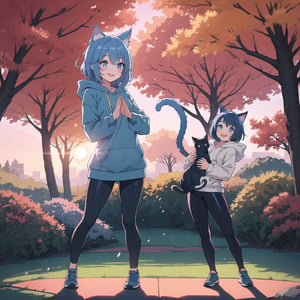 sakura trees in the background, advntr, full body

fantasy,(light:1.3),dark theme,magic, 

sakura trees, flower garden, full body view,

blue haired (catgirl) wearing with blue eyes wearing a hoodie and yoga pants with her cat ears sticking out.



 bright, happy, warm soft lighting, sunset, (sparks:0.7), light particles, volumetric lighting, autumn