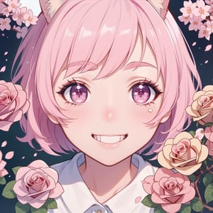 masterpiece, best quality, ultra-detailed, 1girl, detailed water, short hair, pink hair, light pink eyes, , ((close-up)), roses, everywhere roses, gorgeous, cherry blossoms, cherry, cherry blossoms tree, smile, view from front, fox ears, full body view