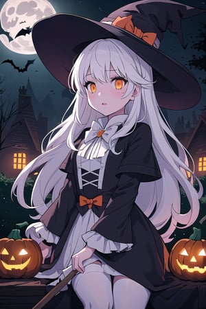 1girl,long white hair, (white stockings:1.1),white large witch hat,witch costume, Ride broomstick, fantasy,(light:1.3),dark theme,magic,moon,upper body, 

Halloween, central park, dressed up kids, trick-or-treat, pumpkin lanterns, night, spooky ghost in the background, prop skeletons in the background,