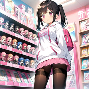 Japanese girl, black long twintail hair, medium breasts, medium length, white anime hoodie, pink short skirt, black lace stockings, pink high tight, pink sneakers, small bagpack

Anime store, mangas on shelves in the background, anime figures in the background, arcade games in the background