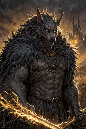 (elden ring), by Derek Gores, by Crookedtrees, anthro male (blaidd \(elden ring\):1.25), werewolf, armor, grey furred cloak, blue eyes, grey body, eye scar, holding big sword, half-length portrait, night, golden grassland, glowing grass, castle, foggy, realistic