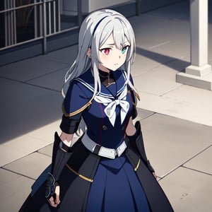 A majestic 12-year-old girl stands in a plaza. Her striking blue and red heterochromatic eyes make me fall in love with her and her long wavy silver hair make me fall in love with her even more. Her sailor-style battle uniform adorned with intricate gothic armor makes me want her by my side.