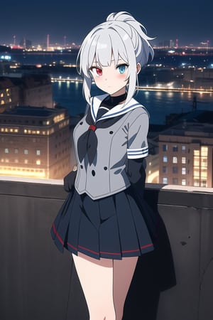 Twelve-year-old girl, fair skin with heterochromia in her blue and red eyes with beautiful long silver-colored hair, she regularly wears her hair up. Her clothing is a sailor-style uniform and she also wears gothic armor as a background in a medieval-style city at night.