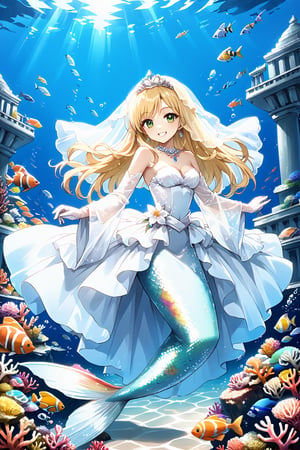 1girl, solo, cowboy shot, full body, scales, rainbow scales, blonde hair, green eyes, 20 years old, mermaid, long hair, jewelry, tiara, wedding dress, white dress, wide sleeves, bridal veil, wedding, swimming, gloves, silk gloves, underwater, fish, smile, looking at viewer, coral,glitter,shiny,source_anime