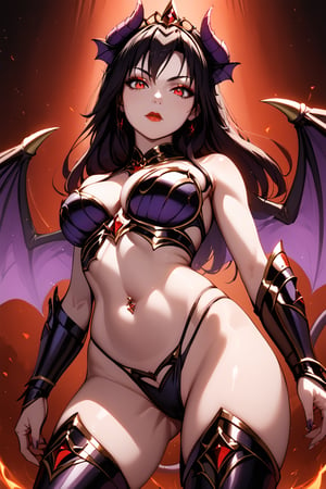 Cowboy shot,Warrior dark glow, looking_at_viewer, Glowing,purple glow, dark theme, aura surrounding body, armored bottom, dragon wings, evil girl, navel piercing,glow wings, demon horns, demon girl, armored bottom, exposed legs, thigh boots,exposed arms, stomach, winged girl, tiara,closed mouth,red lips, black armor, black hair, red eyes