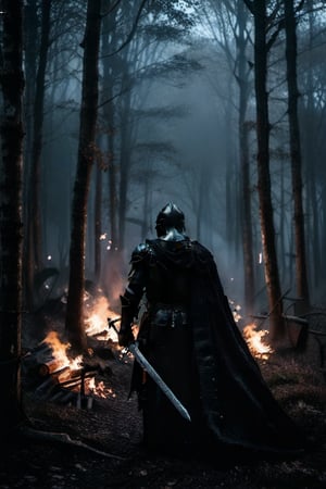 image of a knight in metallic black armor (The Black Knight), full body, carrying a black longsword, black cape, gloomy atmosphere, a dark forrest at night, walking through a forest that is dimly lit by torches marking the path, arm0rs3nt1n3l