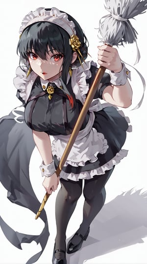 Prompt: 1girl,black footwear,black hair,
black pantyhose,
broom,closed mouth,full body,hair between eyes ,holding,holding broom,maid,maid headdress,red lips, black hair,pantyhose,red eyes,black hair,shadow,short hair,sidelocks,simple background,standing,
two-tone hair,white background, yor Briar face, yor Briar hair, long hair,defined hands, red lips.