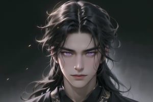 upper body, (cowboy shot), dynamic action style, (1man), (male:1.2), mature face, (mature boy:1.2), sinister smirk, (Chinese hanfu with black and gold accents), finely detailed eyes and face, (long black hair:1.2), (dark purple eyes), (focus on character:1.1), ((solo)), detailed face, detailed eyes, Chinese epic style, clear subject, ultra realistic, ultra detailed, OC rendering, blender, high detail, ultra high quality, dark and ominous atmosphere, dark clouds swirling, subtle mist