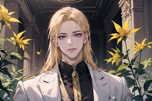 Nitrey, 1 man, ((mature)), ((solo focus)), ((Goldenrod hair)), ((long straight hair)), purple eyes, smirk, ((Medium score)), (((half-down:1.5))), To reveal the forehead, handsome, angular jaw, thick neck, white ((prince suit)), by Raphael, masterpiece, upper body shot, magnificent indoor hall