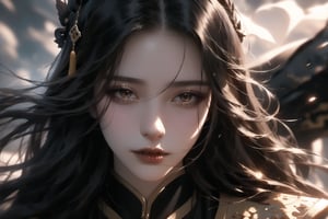 (cowboy shot), dynamic action style, (1woman), (female:1.2), mature face, (mature girl:1.2), sinister smirk, (Chinese hanfu with black and gold accents), finely detailed eyes and face, slim figure, (long black straight hair:1.2) flowing, (purple eyes:1.1), (focus on character:1.1), ((solo)), detailed face, detailed eyes, Chinese epic style, clear subject, ultra realistic, ultra detailed, OC rendering, blender, high detail, ultra high quality, dark and ominous atmosphere, dark clouds swirling, subtle mist
