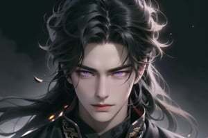 upper body, (cowboy shot), dynamic action style, (1man), (male:1.2), mature face, (mature boy:1.2), sinister smirk, (Chinese hanfu with black and gold accents), finely detailed eyes and face, (long black hair:1.2), (dark purple eyes), (focus on character:1.1), ((solo)), detailed face, detailed eyes, Chinese epic style, clear subject, ultra realistic, ultra detailed, OC rendering, blender, high detail, ultra high quality, dark and ominous atmosphere, dark clouds swirling, subtle mist