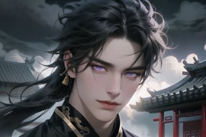 upper body, (cowboy shot), dynamic action style, (1man), (male:1.2), mature face, (mature boy:1.2), sinister smirk, (Chinese hanfu with black and gold accents), finely detailed eyes and face, (long black hair:1.2), (dark purple eyes:1.1), (focus on character:1.1), ((solo)), detailed face, detailed eyes, Chinese epic style, clear subject, ultra realistic, ultra detailed, OC rendering, blender, high detail, ultra high quality, dark and ominous atmosphere, dark clouds swirling, subtle mist