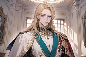 Nitrey, 1 man, ((mature)), ((solo focus)), ((Goldenrod hair)), ((long straight hair)), purple eyes, smirk, ((Medium score)), (((half-down:1.5))), To reveal the forehead, handsome, angular jaw, thick neck, White ((Court Dress)), Cloak, Sash and Medals, royal, prince, by Raphael, masterpiece, upper body shot, magnificent indoor hall