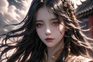 (cowboy shot), dynamic action style, (1woman), (female:1.2), mature face, (mature girl:1.2), sinister smirk, (Chinese hanfu with black and gold accents), finely detailed eyes and face, slim figure, (long black straight hair:1.2) flowing, (purple eyes:1.1), (focus on character:1.1), ((solo)), detailed face, detailed eyes, Chinese epic style, clear subject, ultra realistic, ultra detailed, OC rendering, blender, high detail, ultra high quality, dark and ominous atmosphere, dark clouds swirling, subtle mist
