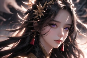 (cowboy shot), dynamic action style, (1woman), (female:1.2), mature face, (mature girl:1.2), sinister smirk, (Chinese hanfu with black and gold accents), finely detailed eyes and face, slim figure, (long black straight hair:1.2) flowing, (purple eyes:1.1), (focus on character:1.1), ((solo)), detailed face, detailed eyes, Chinese epic style, clear subject, ultra realistic, ultra detailed, OC rendering, blender, high detail, ultra high quality, dark and ominous atmosphere, dark clouds swirling, subtle mist
