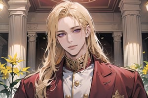 Nitrey, 1 man, ((mature)), ((solo focus)), ((Goldenrod hair)), ((long straight hair)), purple eyes, smirk, ((Medium score)), (((half-down:1.5))), To reveal the forehead, handsome, angular jaw, thick neck, red ((prince suit)), by Raphael, masterpiece, upper body shot, magnificent indoor hall