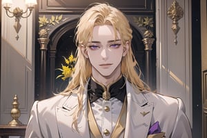 Nitrey, 1 man, ((mature)), ((solo focus)), ((Goldenrod hair)), ((long straight hair)), purple eyes, smirk, ((Medium score)), (((half-down:1.5))), To reveal the forehead, handsome, angular jaw, thick neck, white ((prince suit)), by Raphael, masterpiece, upper body shot, magnificent indoor hall