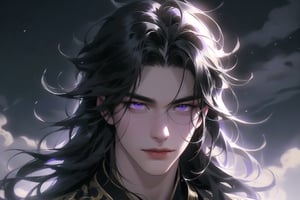 (cowboy shot), dynamic action style, (1man), (male:1.2), mature face, (mature boy:1.2), sinister smirk, (Chinese hanfu with black and gold accents), finely detailed eyes and face, (long black straight hair:1.2), (purple eyes:1.1), (focus on character:1.1), ((solo)), detailed face, detailed eyes, Chinese epic style, clear subject, ultra realistic, ultra detailed, OC rendering, blender, high detail, ultra high quality, dark and ominous atmosphere, dark clouds swirling, subtle mist