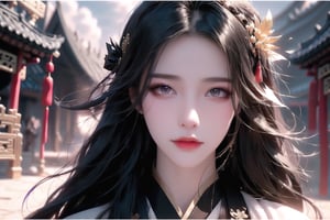 (cowboy shot), dynamic action style, (1woman), (female:1.2), mature face, (mature girl:1.2), sinister smirk, (Chinese hanfu with black and gold accents), finely detailed eyes and face, slim figure, (long black straight hair:1.2), (purple eyes:1.1), (focus on character:1.1), ((solo)), detailed face, detailed eyes, Chinese epic style, clear subject, ultra realistic, ultra detailed, OC rendering, blender, high detail, ultra high quality, dark and ominous atmosphere, dark clouds swirling, subtle mist