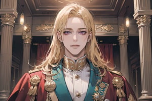 Nitrey, 1 man, ((mature)), ((solo focus)), ((Goldenrod hair)), ((long straight hair)), purple eyes, smirk, ((Medium score)), (((half-down:1.5))), To reveal the forehead, handsome, angular jaw, thick neck, red (( Court Dress)), Cloak, Sash and Medals, royal, prince, by Raphael, masterpiece, upper body shot, magnificent indoor hall