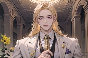 Nitrey, 1 man, ((mature)), ((solo focus)), ((Goldenrod hair)), ((long straight hair)), purple eyes, smirk, ((Medium score)), (((half-down:1.5))), To reveal the forehead, handsome, angular jaw, thick neck, white ((prince groom suit)), by Raphael, masterpiece, upper body shot, magnificent indoor hall