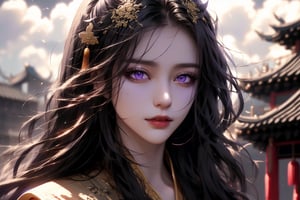 (cowboy shot), dynamic action style, (1woman), (female:1.2), mature face, (mature girl:1.2), sinister smirk, (Chinese hanfu with black and gold accents), finely detailed eyes and face, slim figure, (long black straight hair:1.2), (purple eyes:1.3), (focus on character:1.1), ((solo)), detailed face, detailed eyes, Chinese epic style, clear subject, ultra realistic, ultra detailed, OC rendering, blender, high detail, ultra high quality, dark and ominous atmosphere, dark clouds swirling, subtle mist
