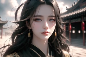 (cowboy shot), dynamic action style, (1woman), (female:1.2), mature face, (mature girl:1.2), sinister smirk, (Chinese hanfu with black and gold accents), finely detailed eyes and face, slim figure, (long black straight hair:1.2), (purple eyes:1.1), (focus on character:1.1), ((solo)), detailed face, detailed eyes, Chinese epic style, clear subject, ultra realistic, ultra detailed, OC rendering, blender, high detail, ultra high quality, dark and ominous atmosphere, dark clouds swirling, subtle mist