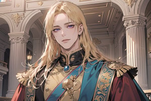 Nitrey, 1 man, ((mature)), ((solo focus)), ((Goldenrod hair)), ((long straight hair)), purple eyes, smirk, ((Medium score)), (((half-down:1.5))), To reveal the forehead, handsome, angular jaw, thick neck, red (( Court Dress)), Cloak, Sash and Medals, royal, prince, by Raphael, masterpiece, upper body shot, magnificent indoor hall