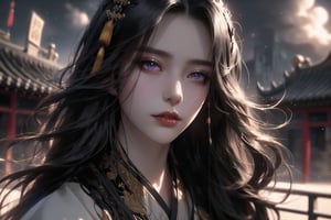 (cowboy shot), dynamic action style, (1woman), (female:1.2), mature face, (mature girl:1.2), sinister smirk, (Chinese hanfu with black and gold accents), finely detailed eyes and face, slim figure, (long black straight hair:1.2) flowing, (purple eyes:1.1), (focus on character:1.1), ((solo)), detailed face, detailed eyes, Chinese epic style, clear subject, ultra realistic, ultra detailed, OC rendering, blender, high detail, ultra high quality, dark and ominous atmosphere, dark clouds swirling, subtle mist
