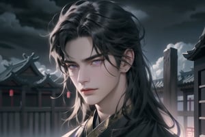 (cowboy shot), dynamic action style, (1man), (male:1.2), mature face, (mature boy:1.2), sinister smirk, (Chinese hanfu with black and gold accents), finely detailed eyes and face, (long black straight hair:1.2), (purple eyes:1.1), (focus on character:1.1), ((solo)), detailed face, detailed eyes, Chinese epic style, clear subject, ultra realistic, ultra detailed, OC rendering, blender, high detail, ultra high quality, dark and ominous atmosphere, dark clouds swirling, subtle mist