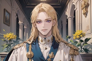 Nitrey, 1 man, ((mature)), ((solo focus)), ((Goldenrod hair)), ((long straight hair)), purple eyes, smirk, ((Medium score)), (((half-down:1.5))), To reveal the forehead, handsome, angular jaw, thick neck, White ((Court Dress)), Cloak, Sash and Medals, royal, prince, by Raphael, masterpiece, upper body shot, magnificent indoor hall