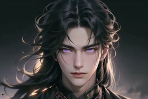 upper body, (cowboy shot), dynamic action style, (1man), (male:1.2), mature face, (mature boy:1.2), sinister smirk, (Chinese hanfu with black and gold accents), finely detailed eyes and face, (long black hair:1.2), (purple eyes:1.1), (focus on character:1.1), ((solo)), detailed face, detailed eyes, Chinese epic style, clear subject, ultra realistic, ultra detailed, OC rendering, blender, high detail, ultra high quality, dark and ominous atmosphere, dark clouds swirling, subtle mist