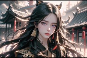 (cowboy shot), dynamic action style, (1woman), (female:1.2), mature face, (mature girl:1.2), sinister smirk, (Chinese hanfu with black and gold accents), finely detailed eyes and face, slim figure, (long black straight hair:1.2), (purple eyes:1.1), (focus on character:1.1), ((solo)), detailed face, detailed eyes, Chinese epic style, clear subject, ultra realistic, ultra detailed, OC rendering, blender, high detail, ultra high quality, dark and ominous atmosphere, dark clouds swirling, subtle mist