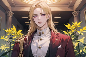 Nitrey, 1 man, ((mature)), ((solo focus)), ((Goldenrod hair)), ((long straight hair)), purple eyes, smirk, ((Medium score)), (((half-down:1.5))), To reveal the forehead, handsome, angular jaw, thick neck, red ((prince suit)), by Raphael, masterpiece, upper body shot, magnificent indoor hall