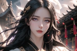 (cowboy shot), dynamic action style, (1woman), (female:1.2), mature face, (mature girl:1.2), sinister smirk, (Chinese hanfu with black and gold accents), finely detailed eyes and face, slim figure, (long black straight hair:1.2), (purple eyes:1.1), (focus on character:1.1), ((solo)), detailed face, detailed eyes, Chinese epic style, clear subject, ultra realistic, ultra detailed, OC rendering, blender, high detail, ultra high quality, dark and ominous atmosphere, dark clouds swirling, subtle mist