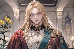 Nitrey, 1 man, ((mature)), ((solo focus)), ((Goldenrod hair)), ((long straight hair)), purple eyes, smirk, ((Medium score)), (((half-down:1.5))), To reveal the forehead, handsome, angular jaw, thick neck, red (( Court Dress)), Cloak, Sash and Medals, royal, prince, by Raphael, masterpiece, upper body shot, magnificent indoor hall