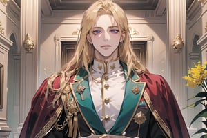 Nitrey, 1 man, ((mature)), ((solo focus)), ((Goldenrod hair)), ((long straight hair)), purple eyes, smirk, ((Medium score)), (((half-down:1.5))), To reveal the forehead, handsome, angular jaw, thick neck, ((Court Dress)), Cloak, Sash and Medals, royal, prince, by Raphael, masterpiece, upper body shot, magnificent indoor hall