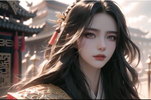 (cowboy shot), dynamic action style, (1woman), (female:1.2), mature face, (mature girl:1.2), sinister smirk, (Chinese hanfu with black and gold accents), finely detailed eyes and face, slim figure, (long black straight hair:1.2), (purple eyes:1.1), (focus on character:1.1), ((solo)), detailed face, detailed eyes, Chinese epic style, clear subject, ultra realistic, ultra detailed, OC rendering, blender, high detail, ultra high quality, dark and ominous atmosphere, dark clouds swirling, subtle mist