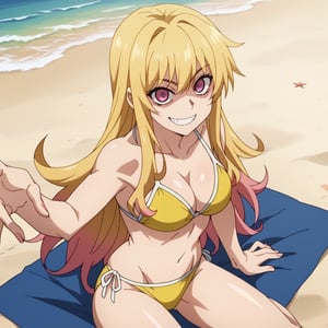 1girl,girl, yellowhair,long hair,long sideburns,shaded eyes,pink eyes,pink eyes,:3, ((yellow bikini)), beach, nigth, in the beach center, happier, happy, smile, you can see the beach in the background, beach. sea, nightsitting, arms,indoors,Anime_screencap,fake_screenshot,score_9,score_8_up,score_7_up, score_6_up, score_5_up,score_4_up,source_anime,fine anime screencap,style parody,official style,anime coloring, SuperQuality