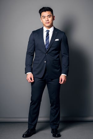 Full body shot, one hsndsome Japanese man in the office. 25-year-old, undercut hair style, 180 cm tall, 
Thick eyebrows, double eyelids, inverted triangle figure, tiny waist, muscular body. 

He wears black suit jacket, white collated shirt, dark blue tie, black suit pants, white socks, and black leather shoes.

Background is an office. 