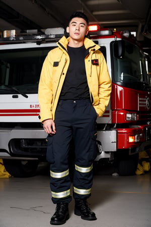 Full body shot, A handsome Korean man, 21-year-old, shaved head hair style, 181 cm tall, Thick eyebrows, double eyelids, inverted triangle figure, slim waist, fitness body. 
He wears a fire brigade fire-proof jacket, fire-proof pants, fire-proof boots, and fire-proof helmet,

Background:  There is one red  fire trucks in the fire brigade garage. 