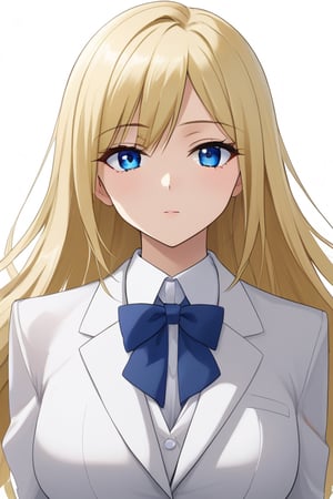 15 year old girl, long blonde hair, blue eyes, wearing a white suit
