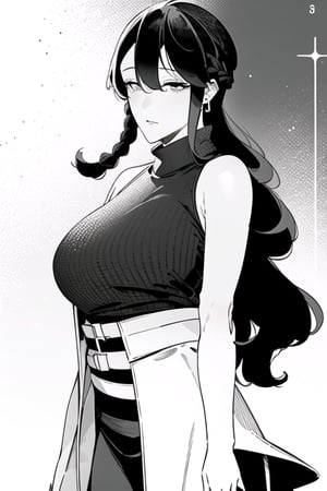 MILF, mature, long wavy hair, gold hoop earrings plump, Milf, arm exposed ,belt, ,masterpiece, looking at viewer,maria,maria no danzai,mari,solo, looking_at_viewer,  braid at one side of hair, long_hair, 1girl, lab coat sleeveless turtleneck, monochrome,black and white side_braid, bangs,1girl, pantyhose, long_hair, skirt,  braid, sleeveless, pencil_skirt, breasts,  looking_at_viewer, turtleneck,  black_pantyhose, sleeveless_sweater