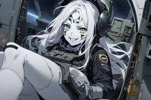  (white skin:1.5), pale skin, long hair, white hair, facial markings, green eyes, fangs, Black Pilot suit, Pilot Helmet, Boots, C-130 aircraft, seant into cockpit, Smiling, air base, , aircraft take off, full body, heroic close up, night sky