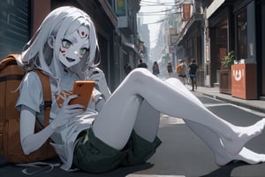  (white skin:1.5), pale skin, long hair, white hair, facial markings, green eyes, fangs, street, shorts, delivery backpack, long Tshirt, no shoes, seat waiting, gropup of deliver employes, relaxing, view to phone, Mexico city 