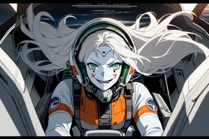  (white skin:1.5), pale skin, long hair, white hair, facial markings, green eyes, fangs, Rebel Alliance Pilot suit, Pilot Helmet, Boots, Russian aircraft, seat into cockpit, Smiling, air base, , aircraft take off, full body, heroic close up, night sky, RETURN OF THE JEDI