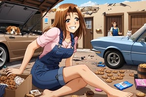 RENA,EROGE, 1girl, brown hair, work overall, barefoot, car repair garage, destroyed car, hardware, drunk, , lazyness, cinycal smile, box of cookies, beer barrels, rubbish floor, good anatomy, dirty clothes, Anya smile meme, bunch of puppies and kitties around, millenium Falcon starship at distance